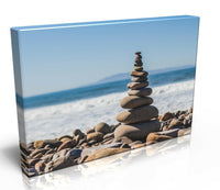 Zen Balancing Stones On The Beach Canvas Print. Luxury Canvas with Handcrafted Pine Frame