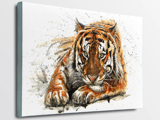 Bengal Tiger Canvas Print | On a Pine Wood Frame | Modern Wildlife Watercolour Artwork Illustration | Various Sizes Box Canvas Picture