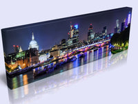 London At Night On The Thames Reflexion Panoramic Canvas. Handmade Pine Frame