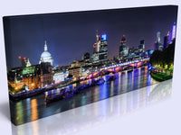 London At Night On The Thames Reflexion Panoramic Canvas. Handmade Pine Frame