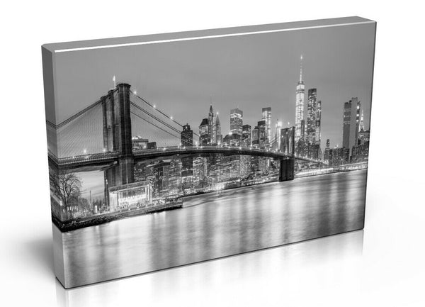 New York Bridge At Night Canvas Print 45x20" Panoramic. Luxury Canvas with Handcrafted Pine Frame