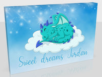 Personalised Sweet Dreams Dragon Canvas Print w/Pine Frame Kids Baby boy Sleep