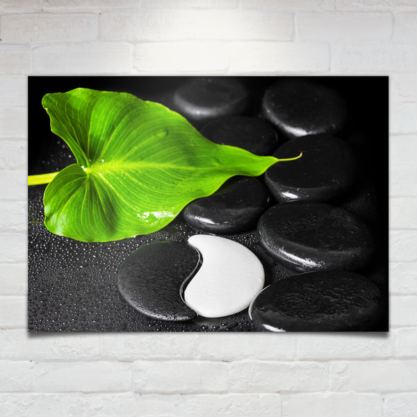 Calming Zen Yin-Yang And Green Leaf Yoga Posters Digital Print Artwork